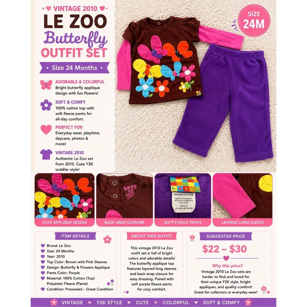 Vintage 2010 Le Zoo Butterfly Fleece Outfit Set 24M Colorful Girls